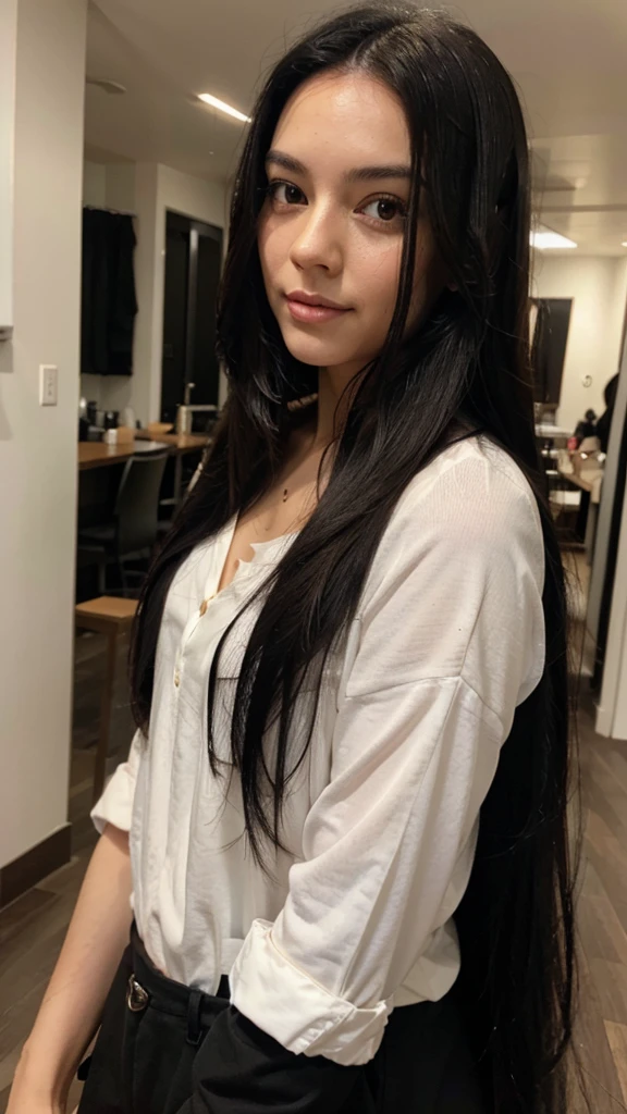 A selfie of a girl with long black hair