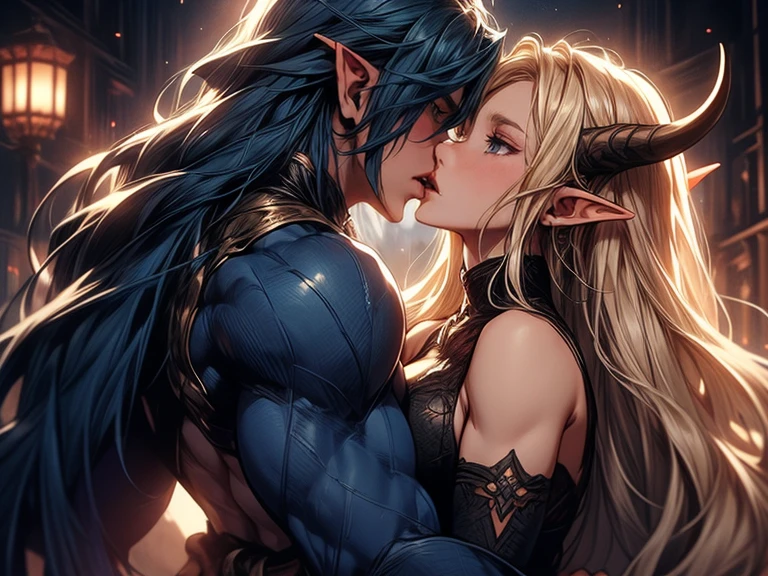 (female blonde elf and male dark blue haired elf) (male elf with big muscles and long dark blue hair) a tall long haired male elf with dark blue long hair and big muscles and demon horns kisses a female blonde elf, tongue kiss, lovers, intense kiss 