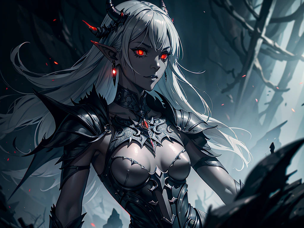 1girl, horror, dark elf princess, elden ring, (dark grey skin:1.5), true white long ponytail, ((perfect red eyes)), elf ears, earrings, highly detailed mechanical horns, (small breasts), ((black gothic prom dress)), wearing black fur cloak, bone armor, skull armor, volumetric lighting, ethereal fog, dark background, ultrasharp, best quality, masterpiece, realistic, anatomically correct, (strong cinematic lighting), ((rim lighting)), stunning details, intricate details, 8k post-production, high resolution, super details, sharp focus, depth of field f/1.8, studio photos, (((looking at camera)))