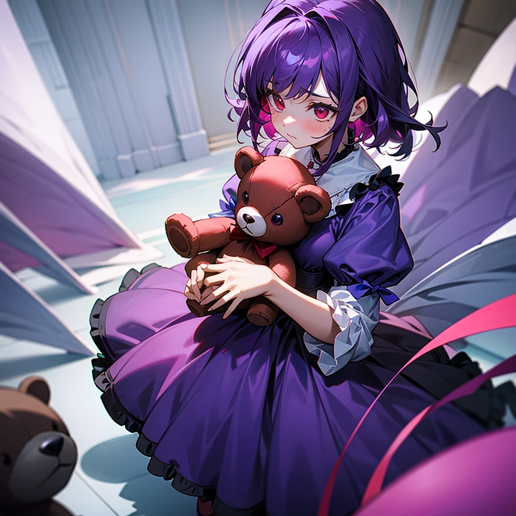 Kid, 1girl, standing, royal court, holding a teddy bear, worried, red eyes, dark purple hair, wearing a cute purple dress