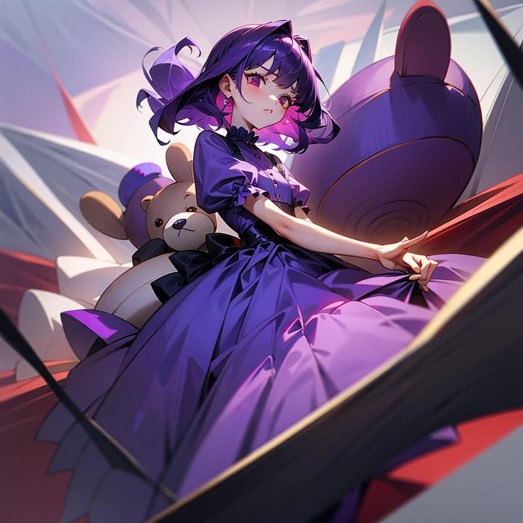 Kid, 1girl, standing, royal court, holding a teddy bear, worried, red eyes, dark purple hair, wearing a cute purple dress