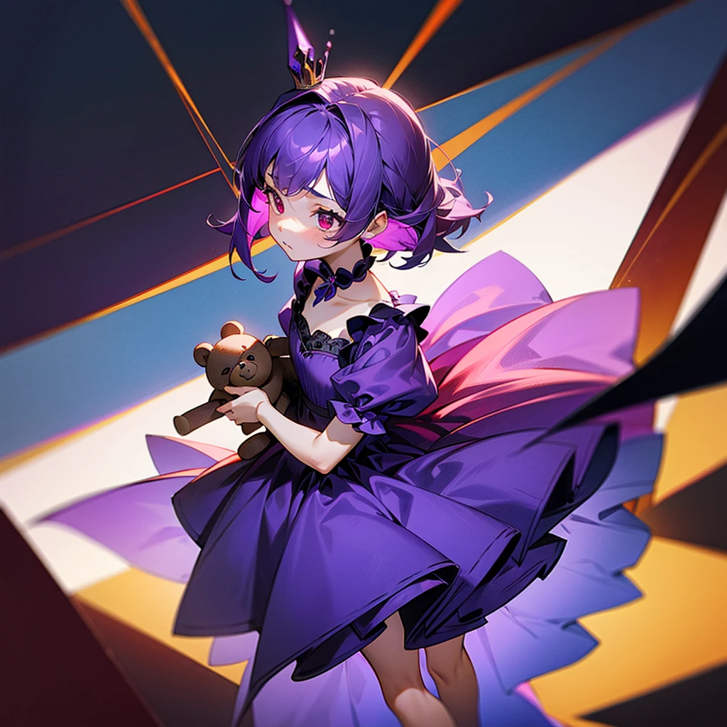 ???, 1girl, standing, royal court, holding a teddy bear, worried, red eyes, dark purple hair, wearing a cute purple dress
