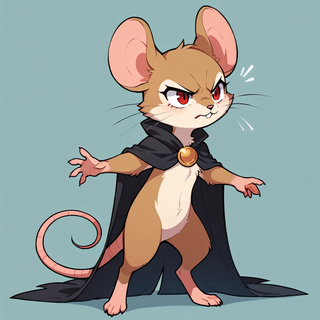 score_9, score_8_up, score_7_up, score_6_up, score_5_up, score_4_up, show accurate, full body, hungry body, simple background, (solo), (semi anthro), mouse, female mouse, fur body, ultra fine fur, standing, red eyes, (light brown dull fur), determined look, black open cape, black inner cape, 