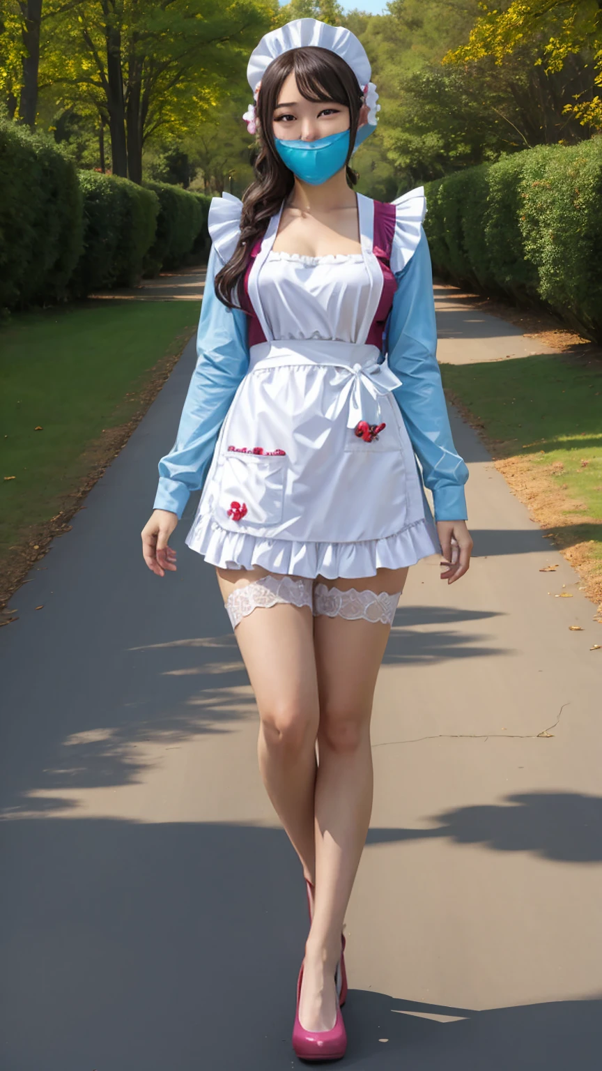 ((Full body photo, standing, feet on the floor)) 1girl, solo, wrapgag, tape gag, gagged, light blush, maid, maid headdress, maid apron, long sleeves, outdoors, upper body,