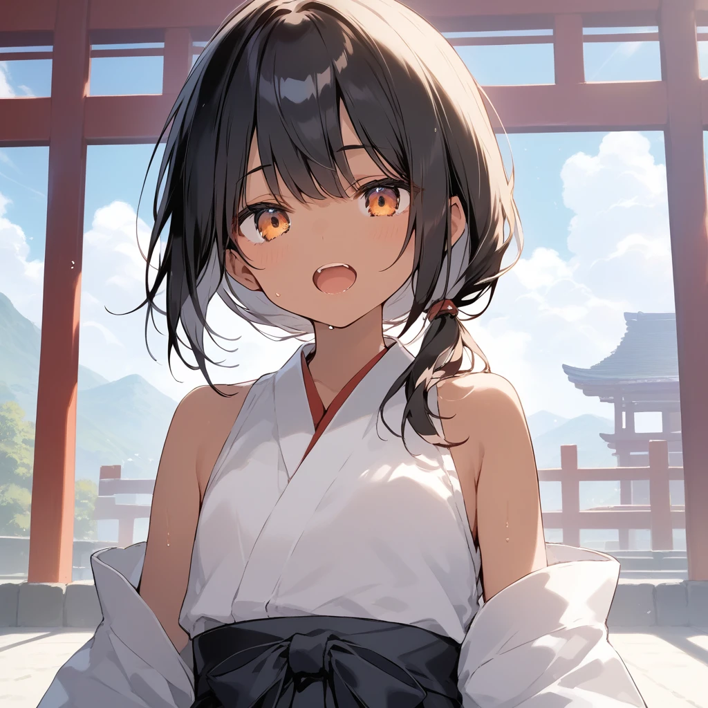 score_9, score_8_up, score_7_up, source_anime, best quality, masterpiece, official art, absurdres, highres, ultra-detailed,waifu2x,Collection: Slice of Life,break,1girl, tomboy, dark-skinned female, short hair, low ponytail, flat chest, beautiful detailed eyes, miko, hakama, sweat, open mouth, (yawn:0.3), sleepily, outdoors, shrine, wind,break,(clear line illustration:1.2), super detailed skin,very high resolution, very aesthetic, Best sexual lighting powered by famous artist, 8k,cute picture,beauty illustration,photoshop_(medium),,(Detailed Lighting),best anime 8k konachan wallpaper, pixiv contest winner,