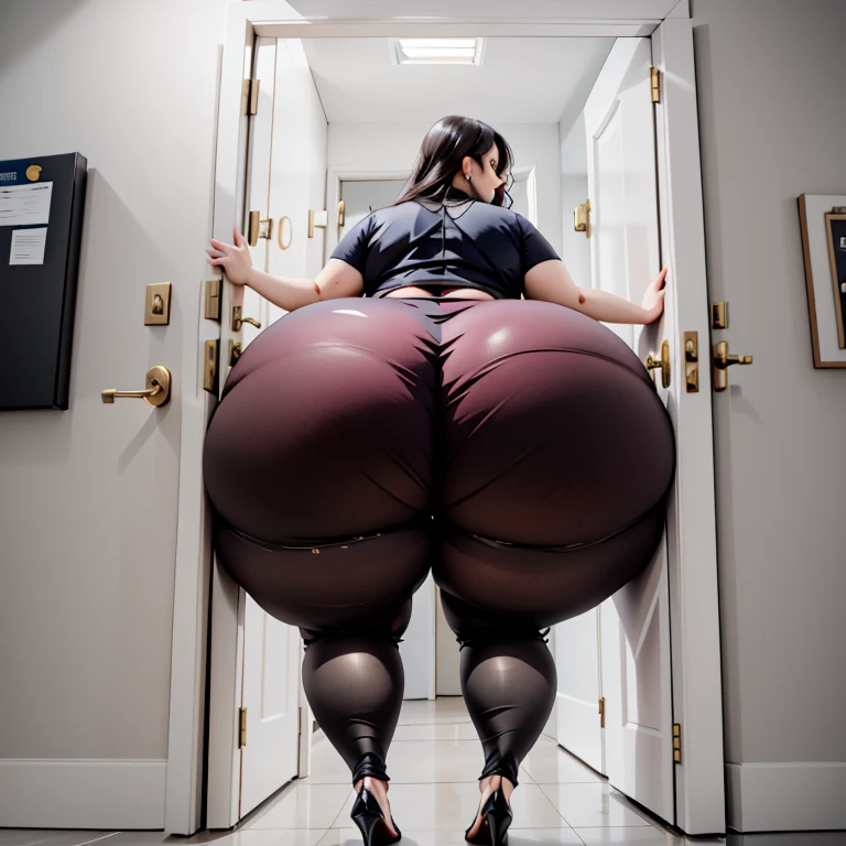 masterpiece, 1girl tall, fat, bottom heavy ssbbw british, 30 year old, behind a doorway, from behind, (doorstuck, stuckbehind:1.3), big belly, huge hips, massive butt,  thick thighs, colorful clothing, wearing a red suit and tie and formal pants, upset, she tries to wiggle her big body through the door, but the door is too small and she is stuck tight, she kicks and swings her legs back and forth in a panic, she is way too big and round to fit through, she is being pulled by a female co worker at the office