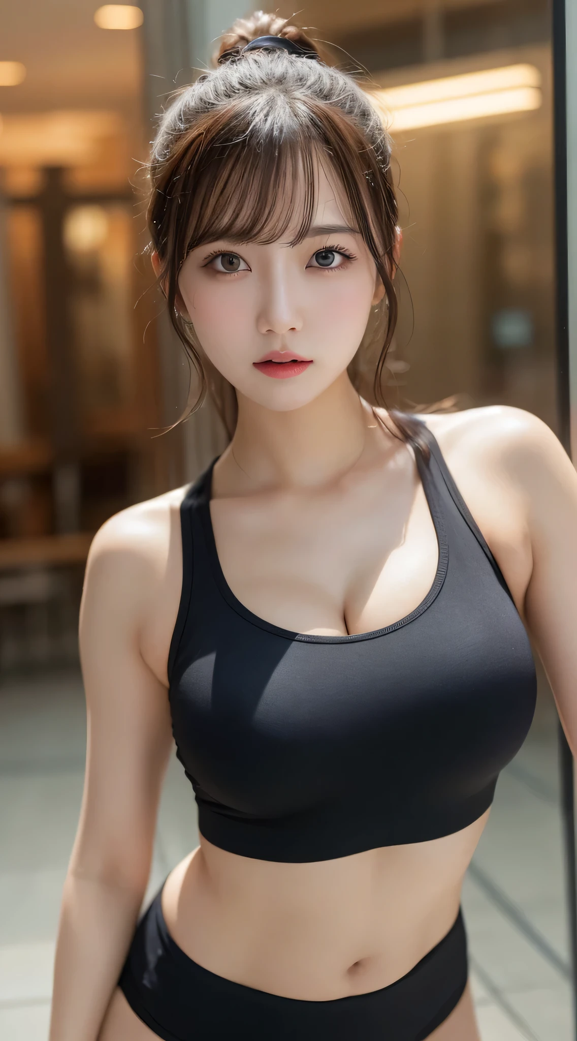 Tabletop, Highest quality, figure, Very detailed, In detail, High resolution, 8k wallpaper, Perfect dynamic composition, Beautiful attention to detail,  Natural Lip, Tank top, Big Breasts, Wet sports bra,Cleavage, whole body, Belly button, Random sexy poses