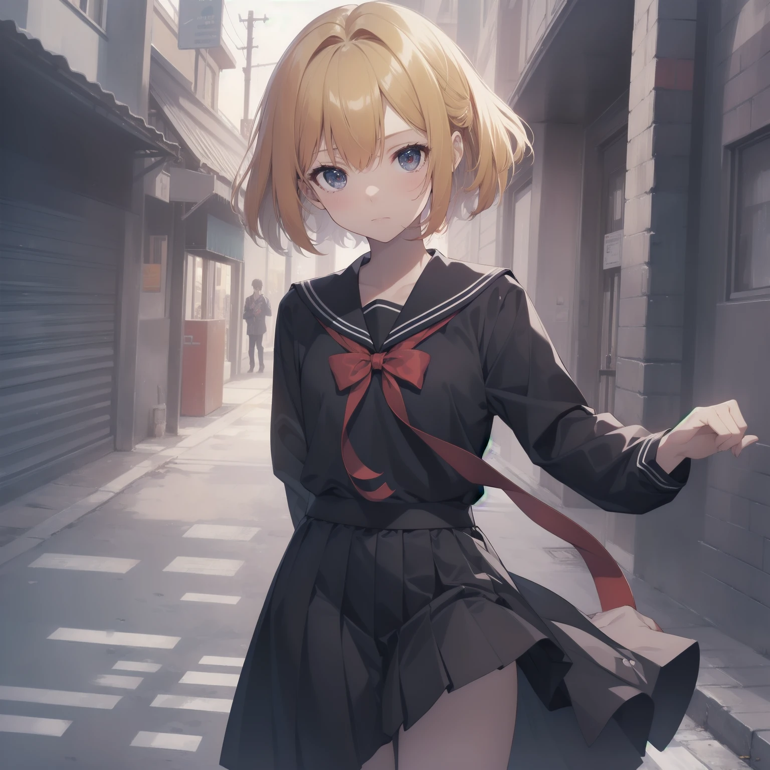 ultra-absurdres-Top quality by artist God, ultra-detailed, high resolution, anime moe artstyle, best anime 8k konachan wallpaper, pixiv contest winner, pool:2810, perfect anatomy,break, 1girl, (Please draw a girl walking sleepily to school alone. )break,(Solo,little female, 13-year-old:1.3),Full limbs, complete fingers,a junior high school student, (very short hair), short cut, flat chest, , small butt, small black eyes, beautiful detailed eyes, well-proportioned iris and pupils, expressive eyes, highres detailed hair, soft expression, salor school_uniform, sailor collar, serahuku, bow, pleated skirt,(Detailed Lighting), (Detailed background), in the School commute route. break,super detailed skin, Best cinematic lighting powered by famous artist, 8k,beauty illustration,photoshop_(medium),very aesthetic,break,((artist:kotorai )), artist:clamp ,artist:carnelian ,artist:kantoku ,