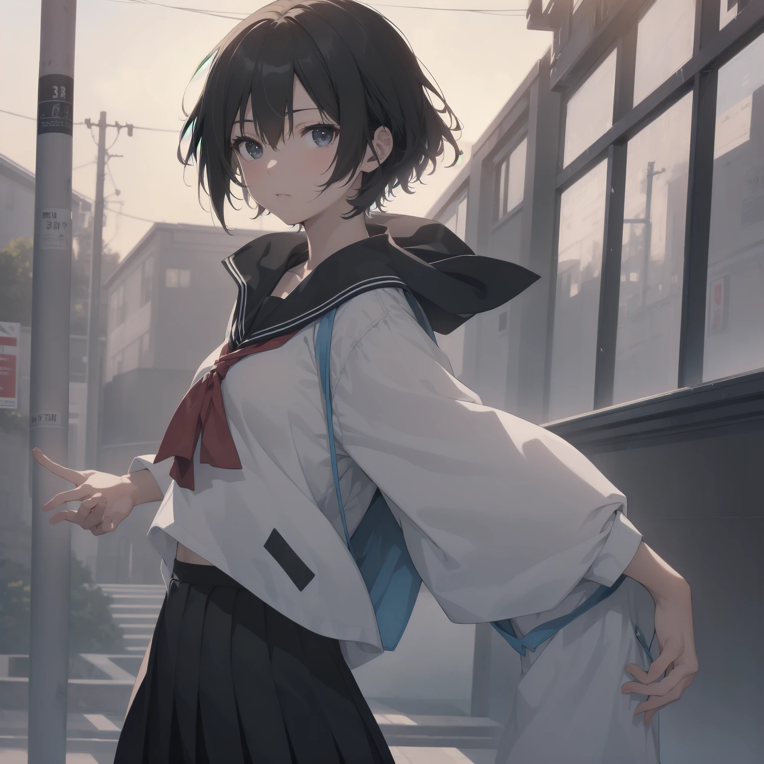 ultra-absurdres-Top quality by artist God, ultra-detailed, high resolution, anime moe artstyle, best anime 8k konachan wallpaper, pixiv contest winner, pool:2810, perfect anatomy,break, 1girl, (Please draw a girl walking sleepily to school alone. )break,(Solo,little female, 13-year-old:1.3),Full limbs, complete fingers,a junior high school student, (very short hair), short cut, flat chest, , small butt, small black eyes, beautiful detailed eyes, well-proportioned iris and pupils, expressive eyes, highres detailed hair, soft expression, salor school_uniform, sailor collar, serahuku, bow, pleated skirt,(Detailed Lighting), (Detailed background), in the School commute route. break,super detailed skin, Best cinematic lighting powered by famous artist, 8k,beauty illustration,photoshop_(medium),very aesthetic,break,((artist:kotorai )), artist:clamp ,artist:carnelian ,artist:kantoku ,