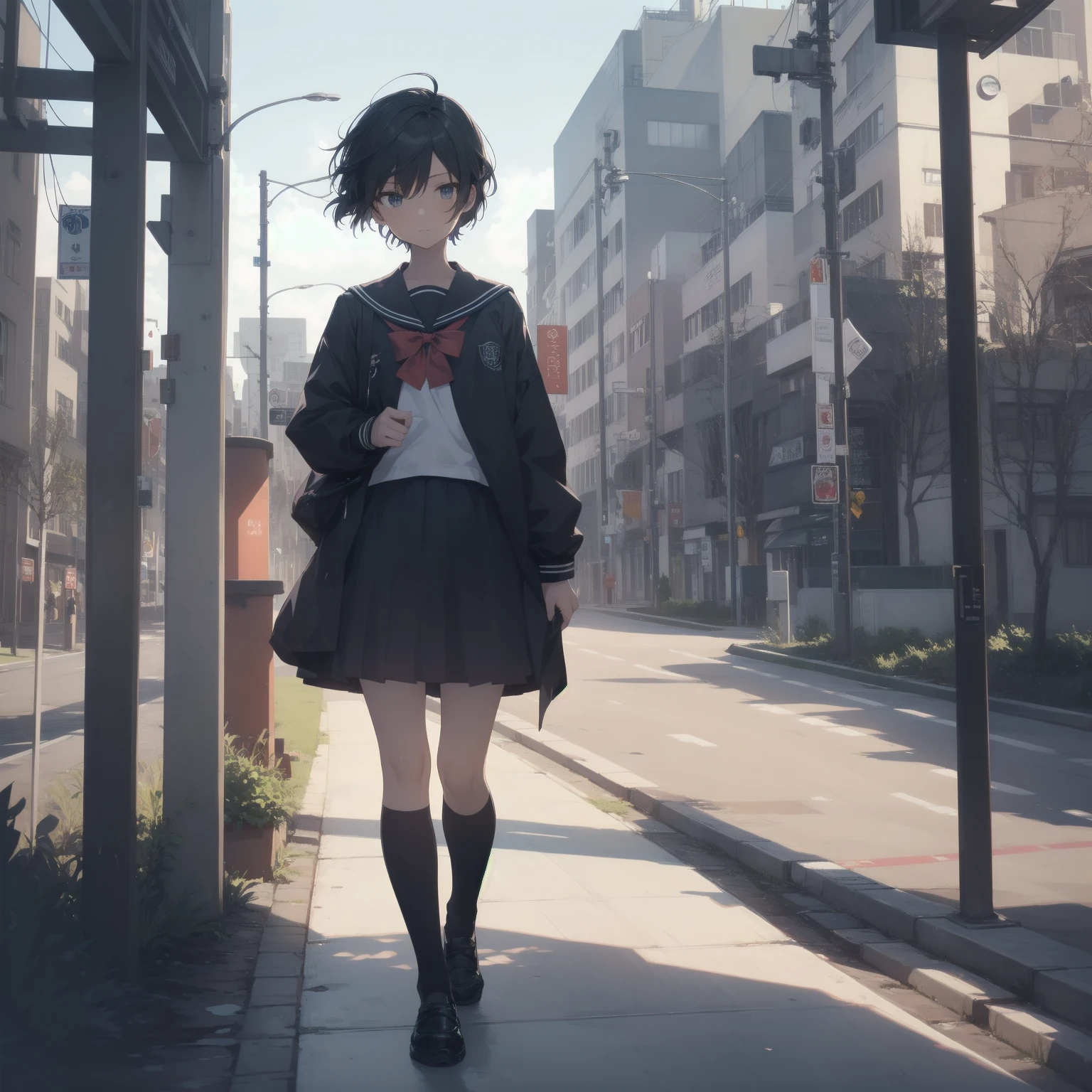 ultra-absurdres-Top quality by artist God, ultra-detailed, high resolution, anime moe artstyle, best anime 8k konachan wallpaper, pixiv contest winner, pool:2810, perfect anatomy,break, 1girl, (Please draw a girl walking sleepily to school alone. )break,(Solo,little female, 13-year-old:1.3),Full limbs, complete fingers,a junior high school student, (very short hair), short cut, flat chest, , small butt, small black eyes, beautiful detailed eyes, well-proportioned iris and pupils, expressive eyes, highres detailed hair, soft expression, salor school_uniform, sailor collar, serahuku, bow, pleated skirt,(Detailed Lighting), (Detailed background), in the School commute route. break,super detailed skin, Best cinematic lighting powered by famous artist, 8k,beauty illustration,photoshop_(medium),very aesthetic,break,((artist:kotorai )), artist:clamp ,artist:carnelian ,artist:kantoku ,