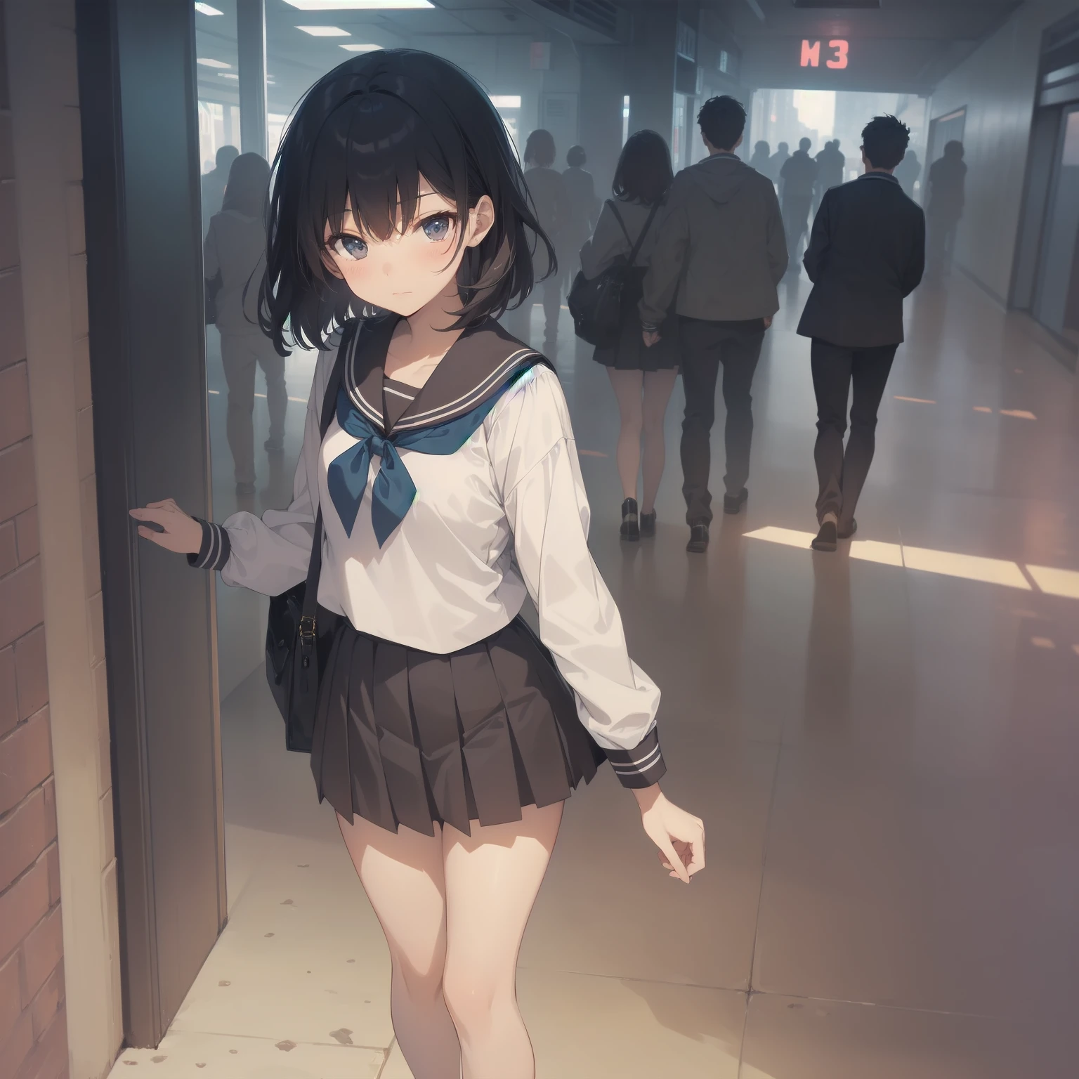 ultra-absurdres-Top quality by artist God, ultra-detailed, high resolution, anime moe artstyle, best anime 8k konachan wallpaper, pixiv contest winner, pool:2810, perfect ???????,break, 1girl, (Please draw a girl walking sleepily to school alone. )break,(Solo,little female, 13-year-old:1.3),Full limbs, complete fingers,a junior high school student, (very short hair), short cut, flat chest, , small butt, small black eyes, beautiful detailed eyes, well-proportioned iris and pupils, expressive eyes, highres detailed hair, soft expression, salor school_uniform, sailor collar, serahuku, bow, pleated skirt,(Detailed Lighting), (Detailed background), in the School commute route. break,super detailed skin, Best cinematic lighting powered by famous artist, 8k,beauty illustration,photoshop_(medium),very aesthetic,break,((artist:kotorai )), artist:clamp ,artist:carnelian ,artist:kantoku ,