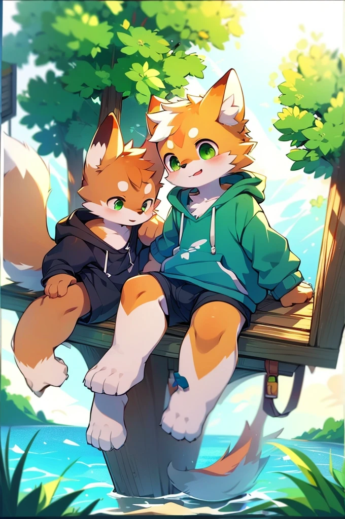 Furry,Fox,boy,8k resolution,最High resolution,                   High resolution,Sea view,Wearing a hoodie,Green Eyes,summer「worst quality , low quality , normal quality」