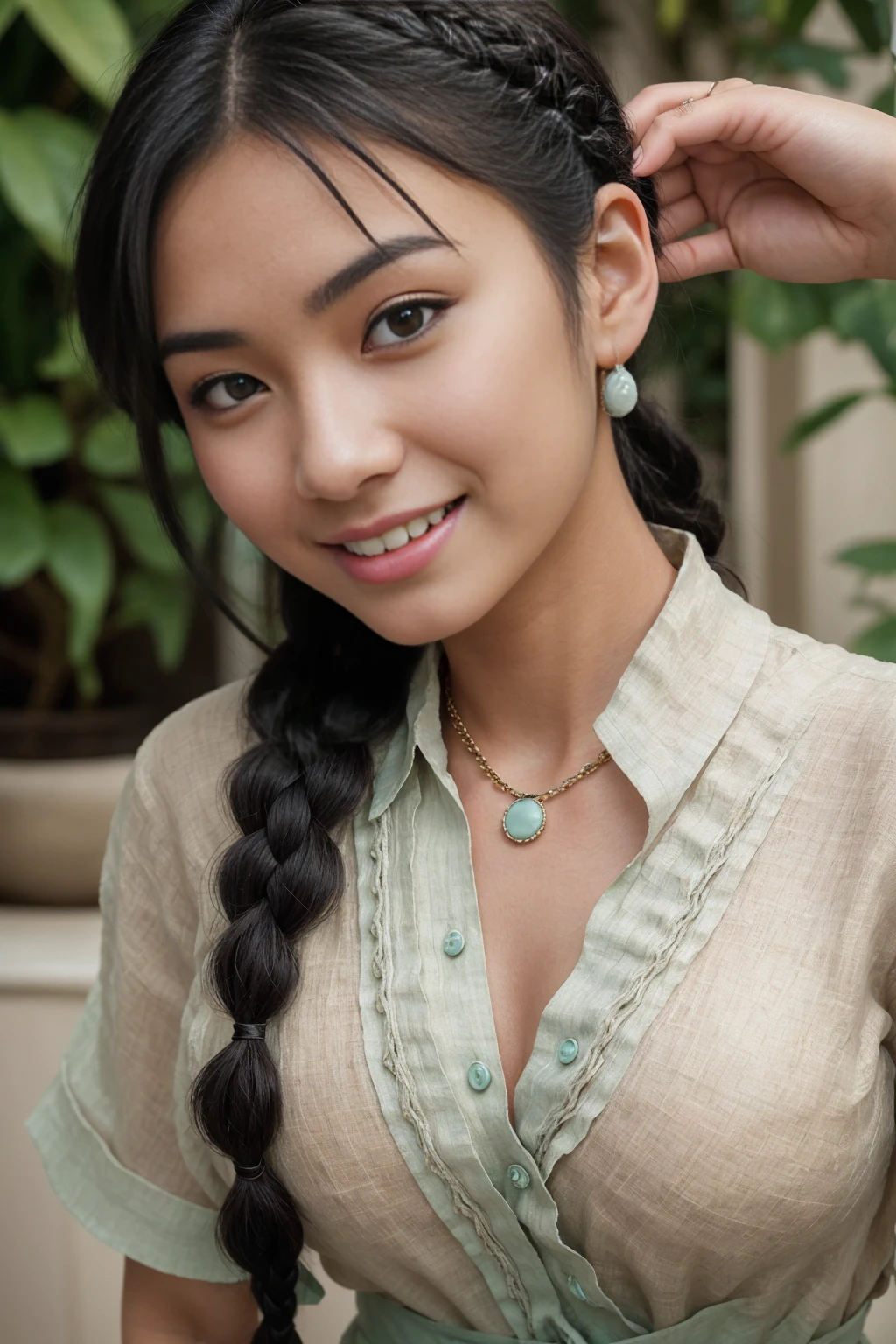 Half-length glamour portrait, nikon D850, f1.6 lens, 200mm, DSLR, 22 Megapixels, (((Charming hotel with lush garden scene))), shot of a stunning 19 years old korean girl, (smile:1.4), (wearing Celadon Linen shirt dress with braided raffia belt:1.6), ((seductive pose)), hot girl, (((big natural breasts))), (((black fringe hair))), (small girl), symmetrical face, photorealistic, photography, (bright natural lighting), gorgeous, deep cleavage, (masterpiece), best quality, high resolution, extremely detailed, cinematic lighting, (((very narrow waist))), rich colors, hyper realistic, lifelike texture, ((jewelry)), (((She has beautiful hands and wears rings))), (bracelet), (necklace), (ankle chain), (nail polish) (earrings), Fuji Superia 200, 8k