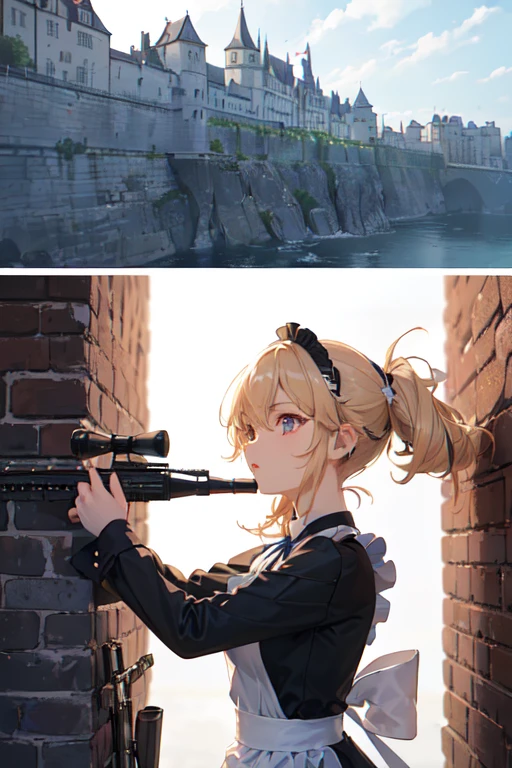 ((Highest quality:1.6)), ((detailed:1.4)), (Ultra-high resolution:1.6)(detailed:1.6), (Perfect Face:1.4), (detailedなイラスト:1.6), (Ultra-high resolution:1.6), girl, A very concentrated face, cute, Blonde, Small breasts, (Black and white maid outfit, Blue ribbon, White apron, Gothic maid outfit, Long), (Above the Battlements, On the wall, Defend the castle, European Castles, Castle), (Sniperrifleで狙撃:1.6), Sniper, Sniper, Sniperrifleを構えてる, rifle, gun, ロングriflerifle, (Castle Defense, gun撃戦, Looking through the scope, Aim at the enemy, Sniper from the top of the castle, Eyes are enemies, Side angle:1.4), (両手でSniperrifleを構える:1.4)