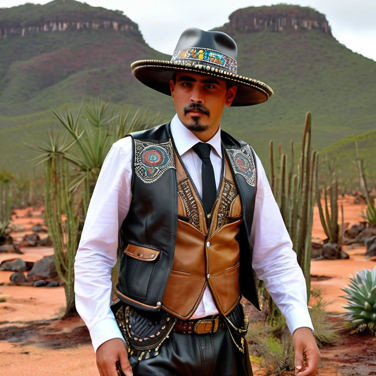 dressed as a cangaceiro from northeastern Brazil. He is wearing the traditional wide-brimmed leather hat with ornaments, as well as a leather vest with intricate details and typical trousers. The setting is a barren and arid landscape with sparse vegetation and cacti in the background, evoking the northeastern Brazilian backlands. The lighting is dramatic, with strong shadows and intense contrasts, creating a tense and charged atmosphere