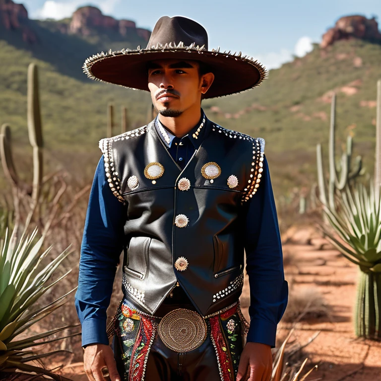 dressed as a cangaceiro from northeastern Brazil. He is wearing the traditional wide-brimmed leather hat with ornaments, as well as a leather vest with intricate details and typical trousers. The setting is a barren and arid landscape with sparse vegetation and cacti in the background, evoking the northeastern Brazilian backlands. The lighting is dramatic, with strong shadows and intense contrasts, creating a tense and charged atmosphere