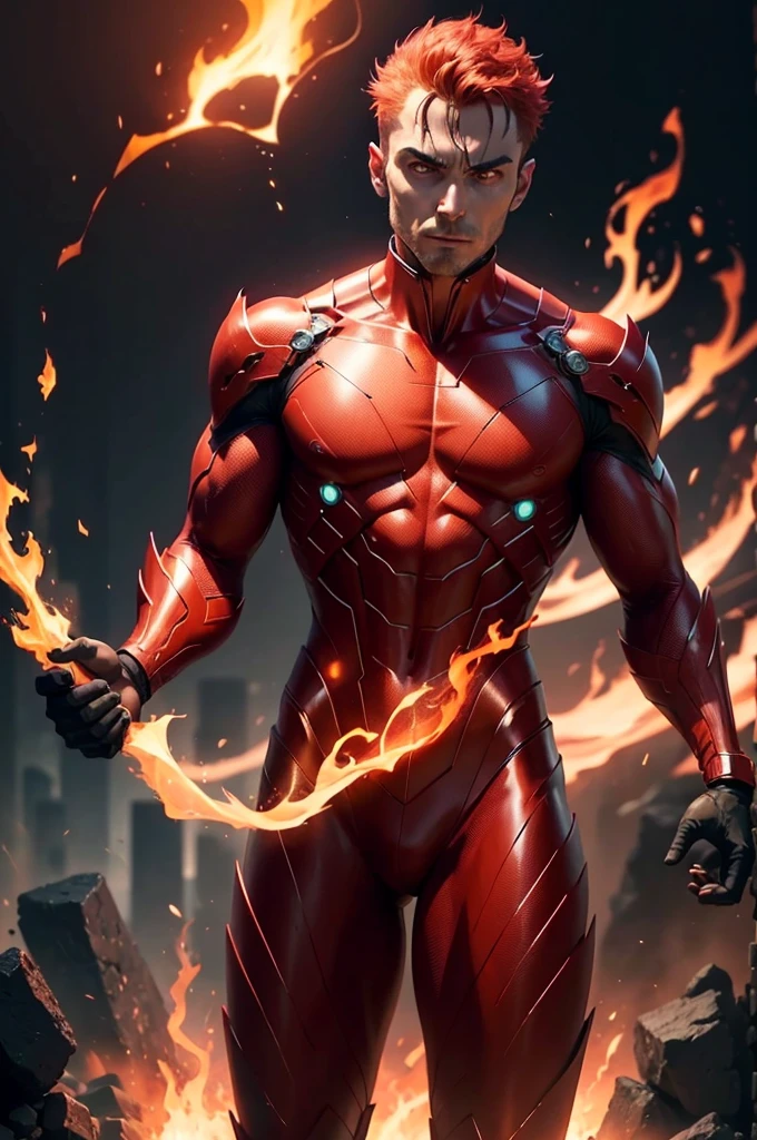 a man with glowing eyes and a red suit standing in front of a fire, incredible background, human torch, glowing red veins, radiating power, avatar image, glowing red veins, glowing bright veins, cyberpunk flame suit, 8 k very detailed ❤🔥 🔥 💀 🤖 🚀, glowing veins, dark supervillain, 1024px profile picture, fire demon