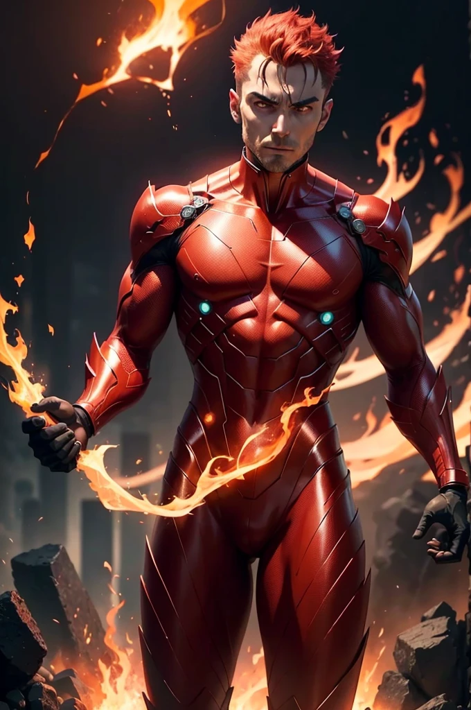 a man with glowing eyes and a red suit standing in front of a fire, incredible background, human torch, glowing red veins, radiating power, avatar image, glowing red veins, glowing bright veins, cyberpunk flame suit, 8 k very detailed ❤🔥 🔥 💀 🤖 🚀, glowing veins, dark supervillain, 1024px profile picture, fire demon