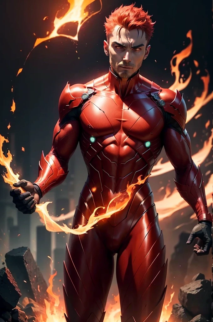a man with glowing eyes and a red suit standing in front of a fire, incredible background, human torch, glowing red veins, radiating power, avatar image, glowing red veins, glowing bright veins, cyberpunk flame suit, 8 k very detailed ❤🔥 🔥 💀 🤖 🚀, glowing veins, dark supervillain, 1024px profile picture, fire demon