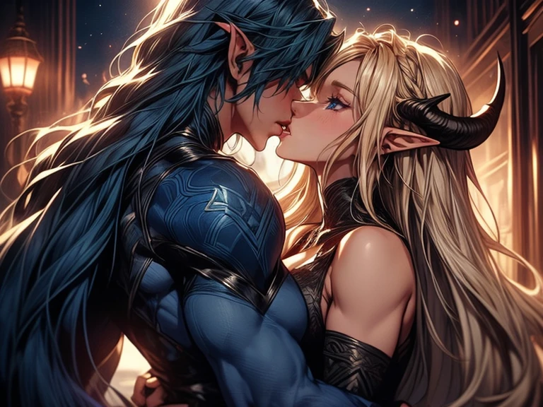 (female blonde elf and male dark blue haired elf) (male elf with big muscles and long dark blue hair) a tall long haired male elf with dark blue long hair and big muscles and demon horns kisses a female blonde elf, tongue kiss, lovers, intense kiss 