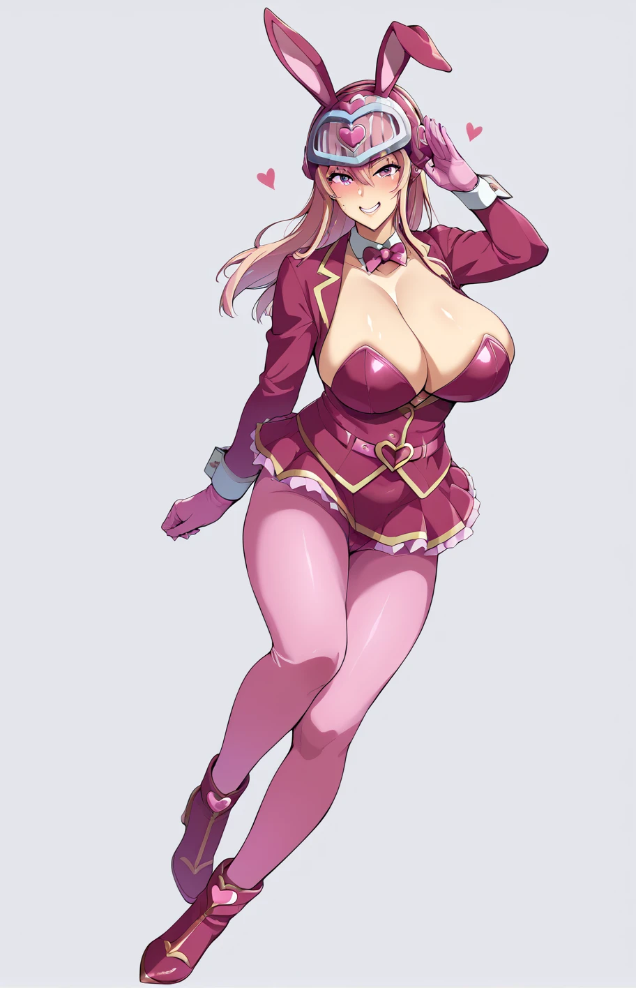 Ultra-detailed illustrations、Ultra-precise expression、masterpiece、Highest quality、ultra High resolution、High resolution、Hiromitsu Takeda Style、White background、Simple Background、Full Body Tights、Hide the whole face、Pink full face helmet、Bunny ears、Pink Rider Suit、Pink Tight Skirt、Big Breasts、Pink long gloves、Pink Long Boots、Pink heart belt、pose、