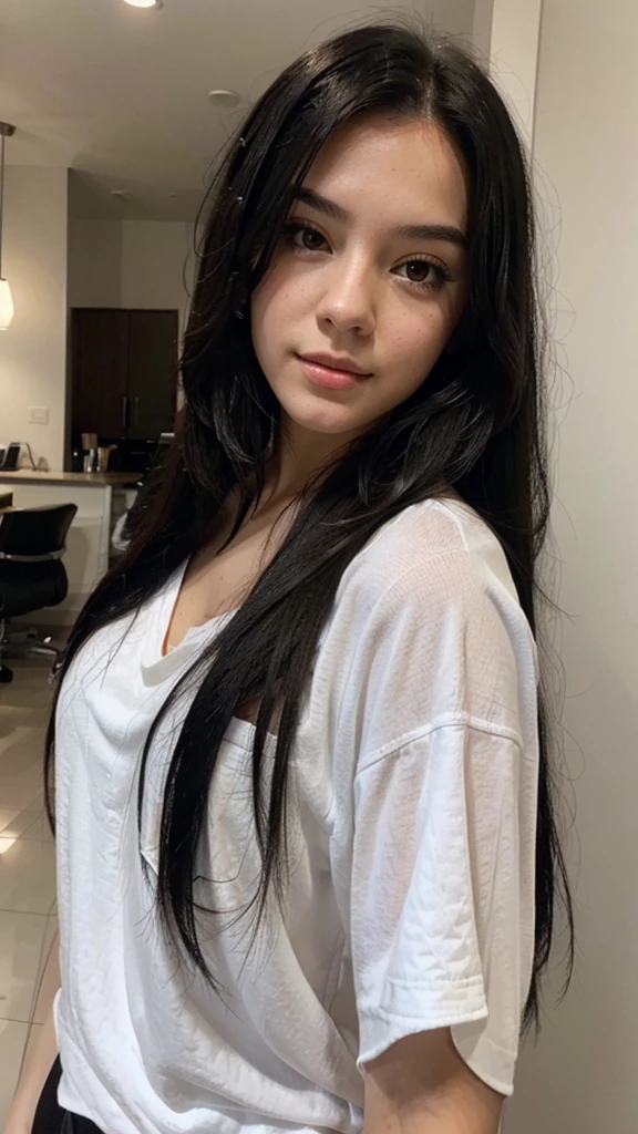 A selfie of a girl with long black hair