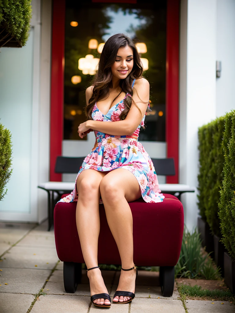 super realistic photography, arafed woman sitting on a red chair in a floral dress, dressed in a floral dress, floral dress, floral dress, floral clothes, lady in a dress with glowing flowers, open dress, Short dress, floral!, sitting with flowers, floral motives, red floral dress, stunning attractive figure, flowy dress, a girl in a dress, short mini dress, fully covered dress