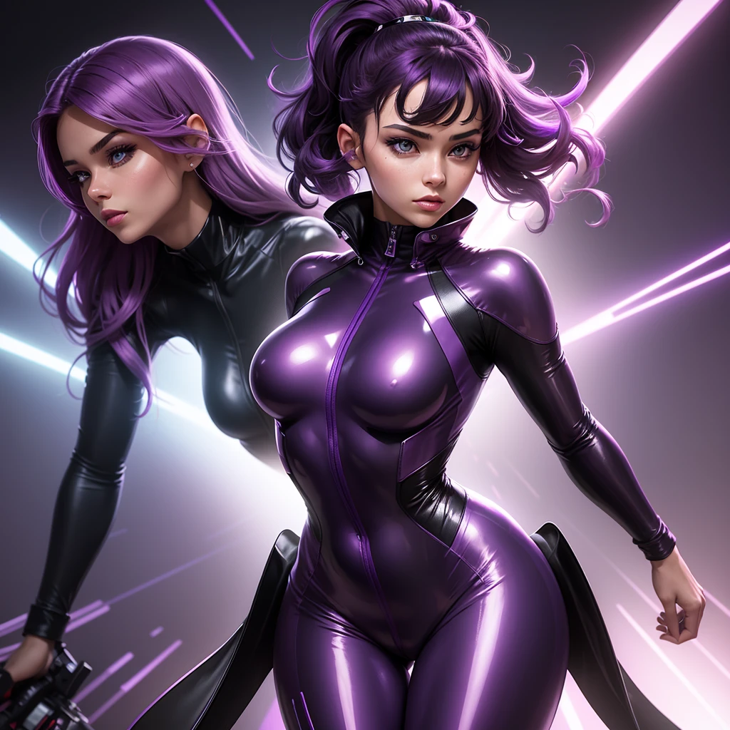 A young woman wearing a sleek, shiny purple plastic jumpsuit. The jumpsuit is form-fitting, emphasizing a futuristic and high-fashion look. She is also wearing a matching purple motorcycle helmet with a closed face shield, which adds a sense of mystery and adventure. The setting could be urban or futuristic, with neon lights or a dynamic background to enhance the modern and stylish theme. Her posture is confident, and the overall color scheme combines shades of purple for a striking visual effect.