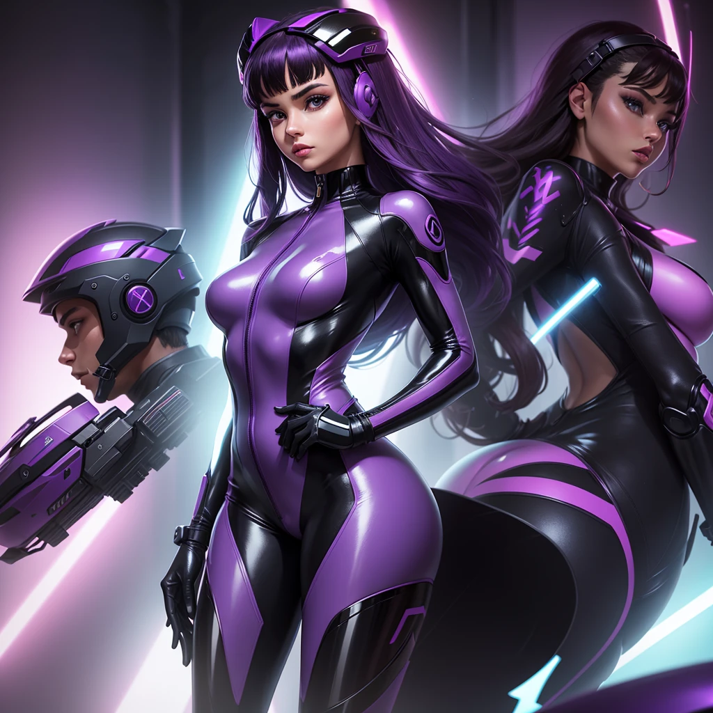A young woman wearing a sleek, shiny purple plastic jumpsuit. The jumpsuit is form-fitting, emphasizing a futuristic and high-fashion look. She is also wearing a matching purple motorcycle helmet with a closed face shield, which adds a sense of mystery and adventure. The setting could be urban or futuristic, with neon lights or a dynamic background to enhance the modern and stylish theme. Her posture is confident, and the overall color scheme combines shades of purple for a striking visual effect.