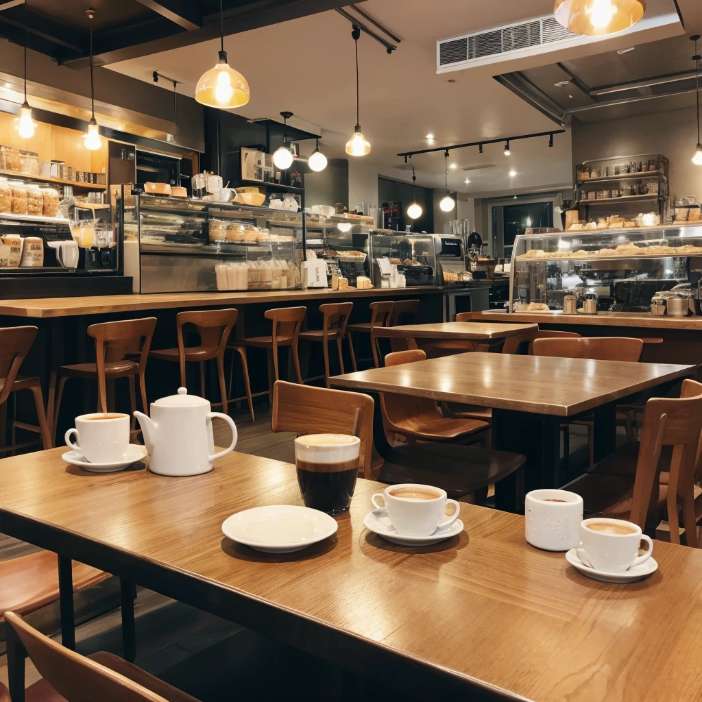 Cafe in the city during the day、Coffee cup on the table