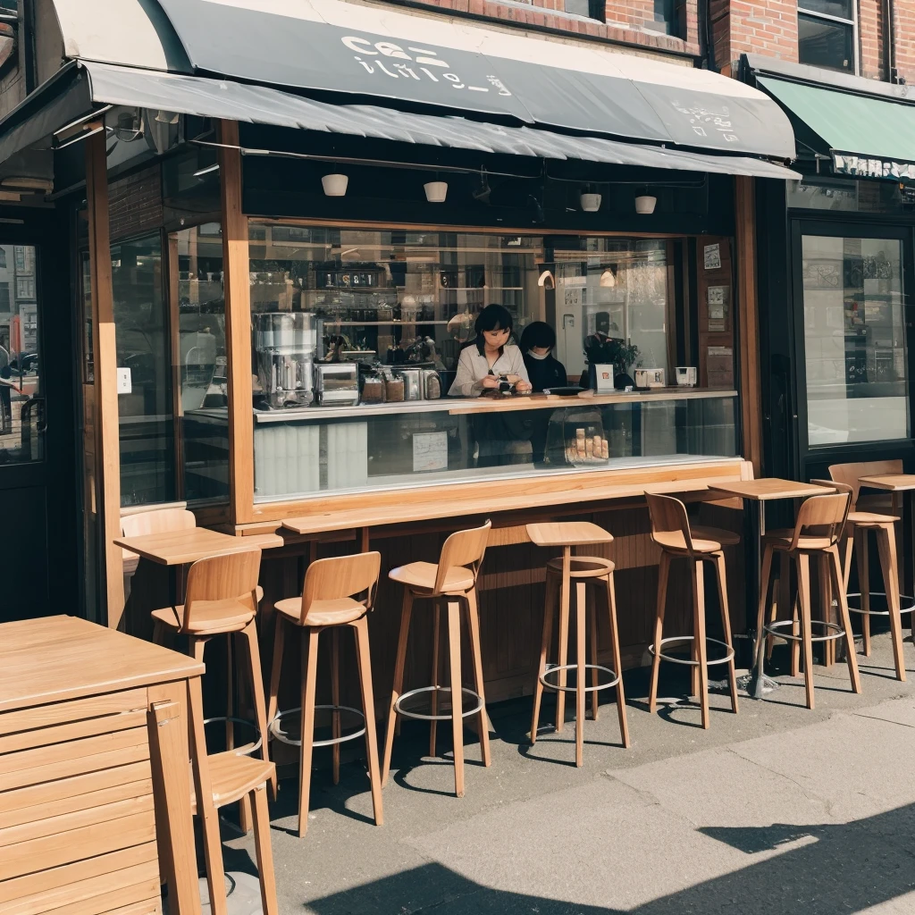 Cafe in the city during the day、Coffee cup on the table