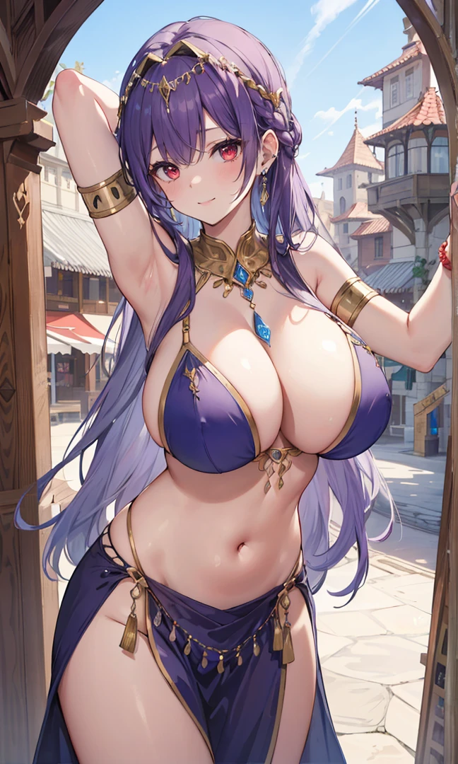 high quality, ultra detailed, best quality, insanely detailed, beautiful, masterpiece, 1girl, medieval plaza, cowboy shot, red eyes, long hair, purple hair, belly dancer, circlet, earrings, armlets, bracelets, bashful smile, large breasts, cleavage, soft stomach