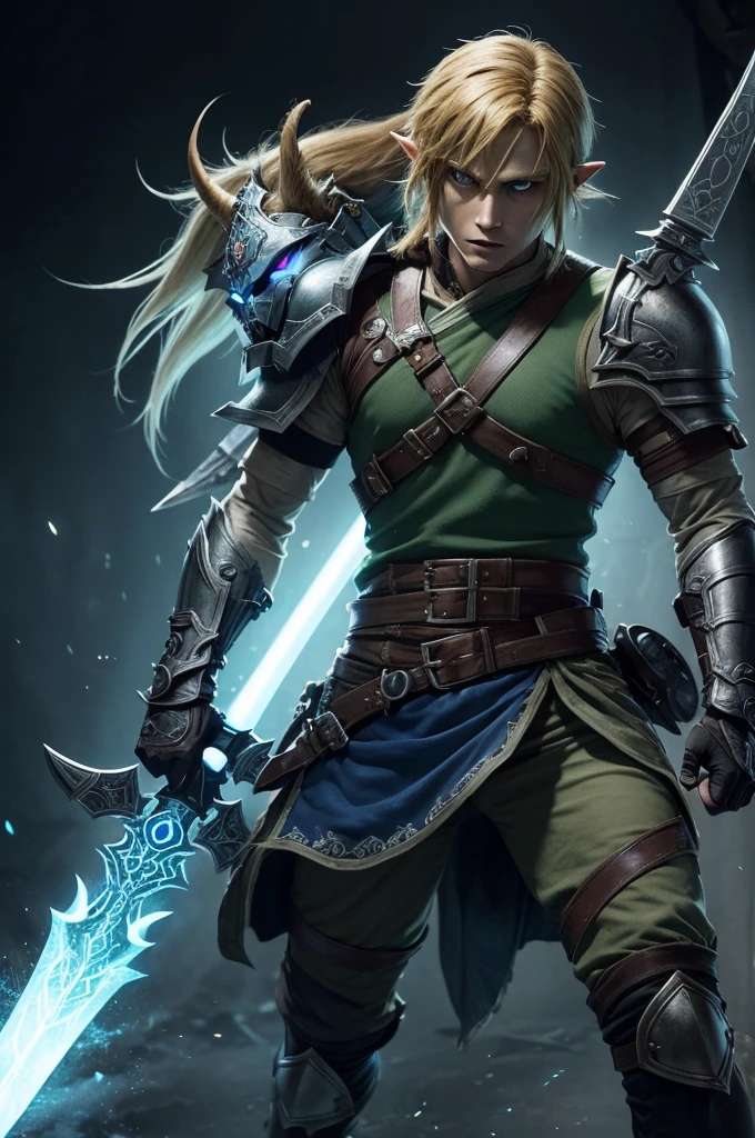 "A detailed and realistic image of Link from Twilight Princess wearing the Fierce Deity's Mask, with additional armor and a glowing sword, in a dark and intricate style."