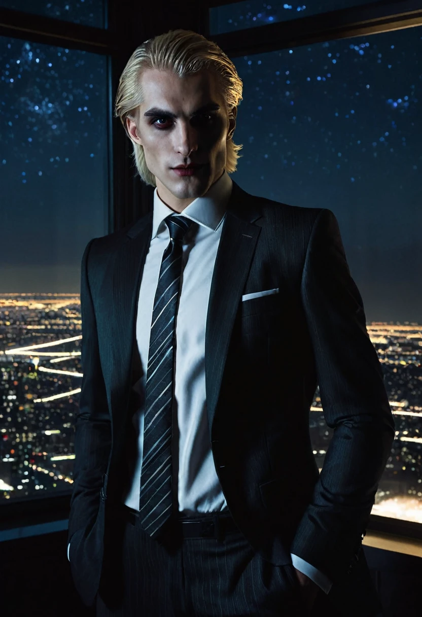 A world of darkness. A Ventru clan vampire in a classic suit and tie stands in a dark room in front of a panoramic window on the 125th floor. Blonde hair. It's night outside, there are stars in the sky.