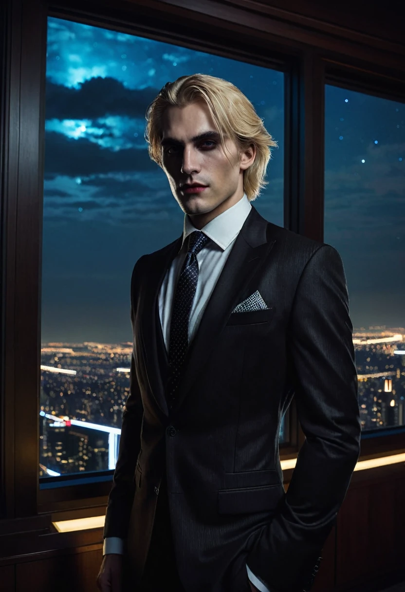 A world of darkness. A Ventru clan vampire in a classic suit and tie stands in a dark room in front of a panoramic window on the 125th floor. Blonde hair. It's night outside, there are stars in the sky.