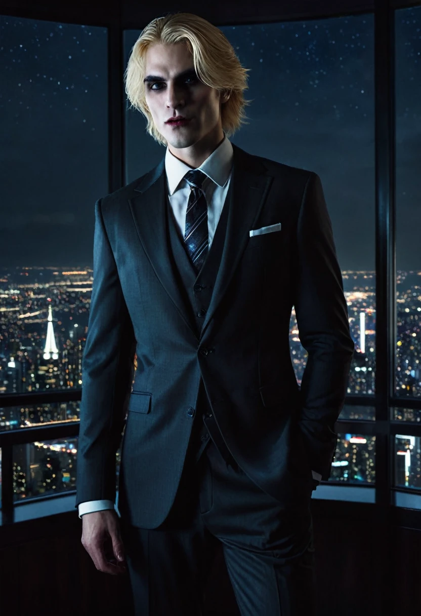 A world of darkness. A Ventru clan vampire in a classic suit and tie stands in a dark room in front of a panoramic window on the 125th floor. Blonde hair. It's night outside, there are stars in the sky.