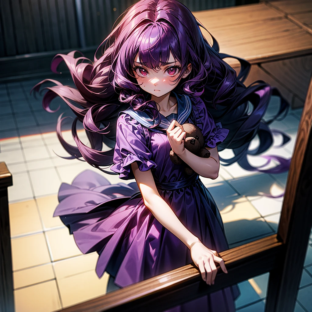 ???, 1girl, standing, courtroom, holding a teddy bear, worried, red eyes, dark purple hair, wavy long hair, wearing a cute purple dress