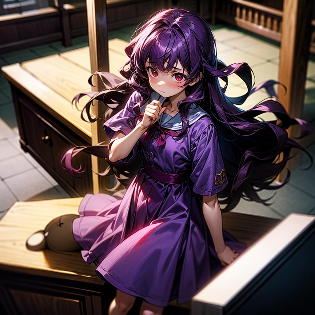 Kid, 1girl, standing, courtroom, holding a teddy bear, worried, red eyes, dark purple hair, wavy long hair, wearing a cute purple dress