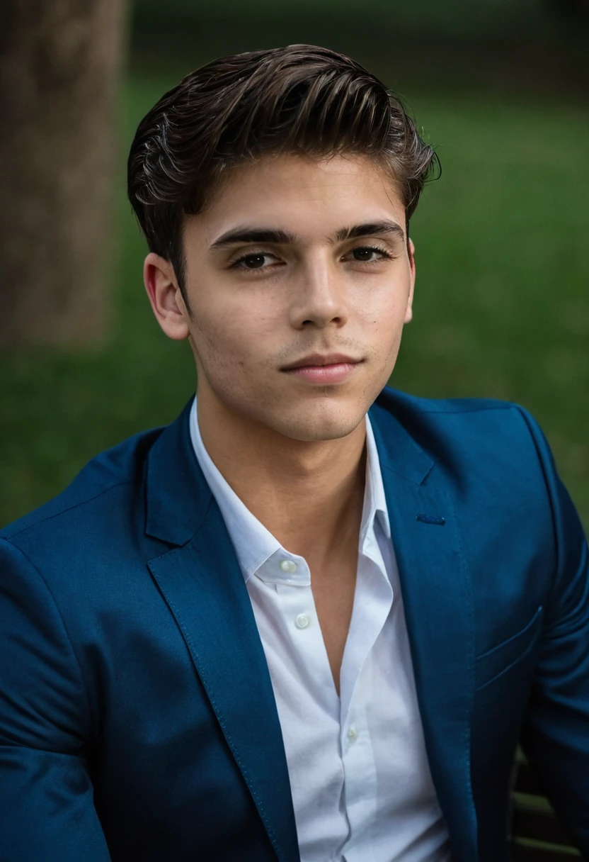 gu,A professional photo of a handsome young man in a party sitting on a bench looking to the side