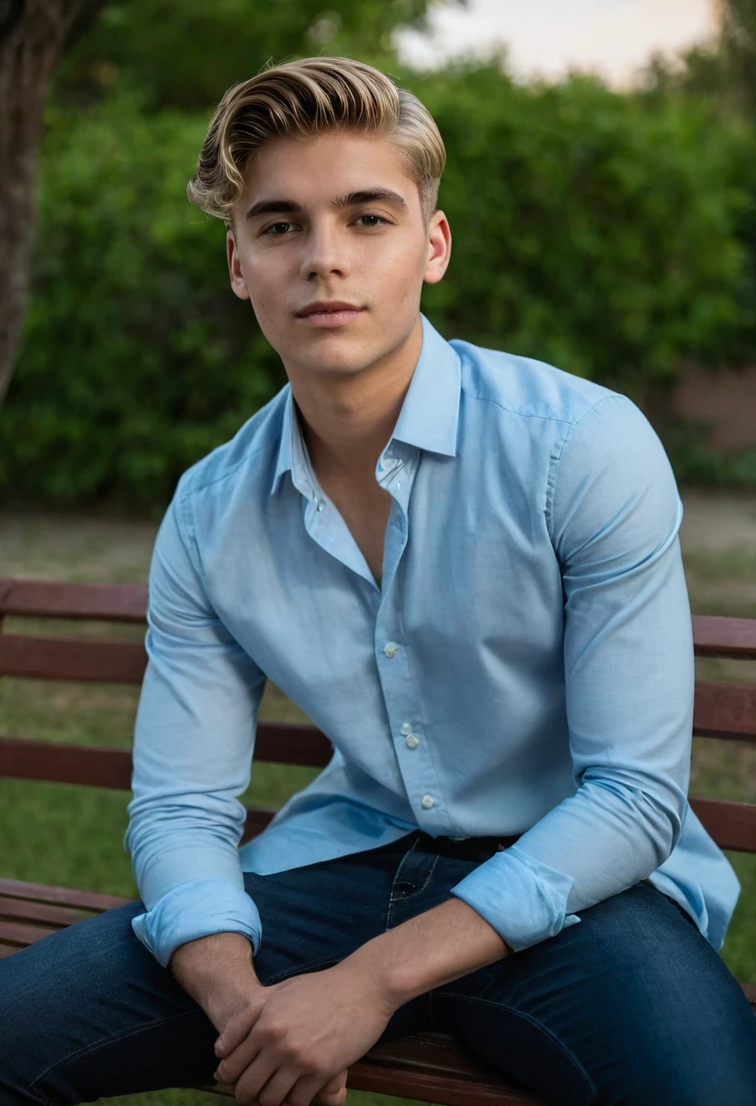 gu,A professional photo of a handsome young man in a party sitting on a bench looking to the side