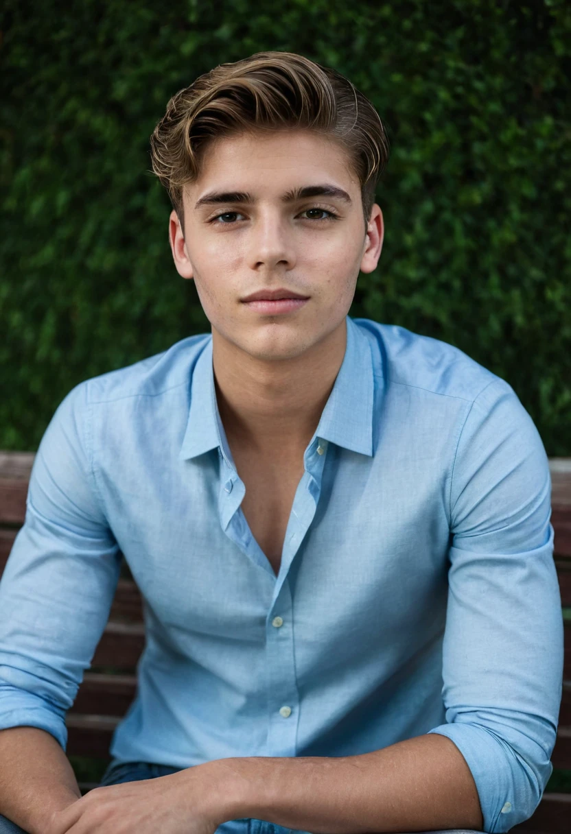 gu,A professional photo of a handsome young man in a party sitting on a bench looking to the side