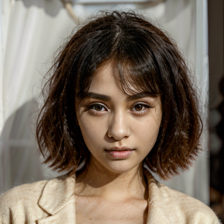 beautiful sexy black woman, with brown eyes, short white hair, thin nose, square face
