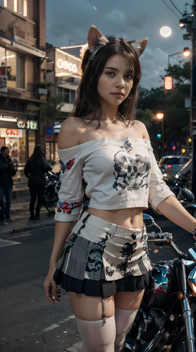 17-year-old Waifu E-Girl, Cat Ears, Cat Tail, posando na frente de uma motocicleta futurista, the motorcycle has skulls and blue flames highly detailed 3D graphics, night scenery with full moon in the background, she is wearing a White Off-shoulder Blouse with 3D skulls and flames and Sailor Miniskirt, Pantyhose , HDR, epic realism, high-octane rendering, obra de arte,