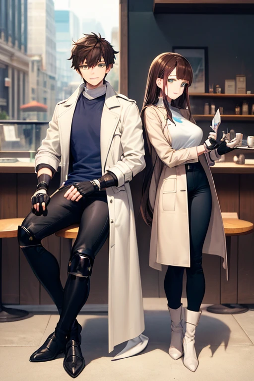 ((best quality)), ((masterpiece)), (detailed), a couple, a boy and a girl, 1 boy, full body, 19 years old, brown hair with white tips, long, bangs, green eyes, mischievous smile, tall and thin, slim, long beige trench coat, open trench coat, black fingerless gloves, white wristbands, white t-shirt with blue I-shaped emblem, letter I, black pants, white knee pads, 1 girl, full body, 20s, young adult, purple eyes, scientist's lab coat, sitting in a cafe, city background, anime