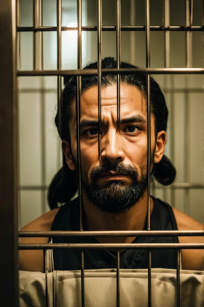 A death row inmate holds onto the bars of his cage and looks resentfully at me