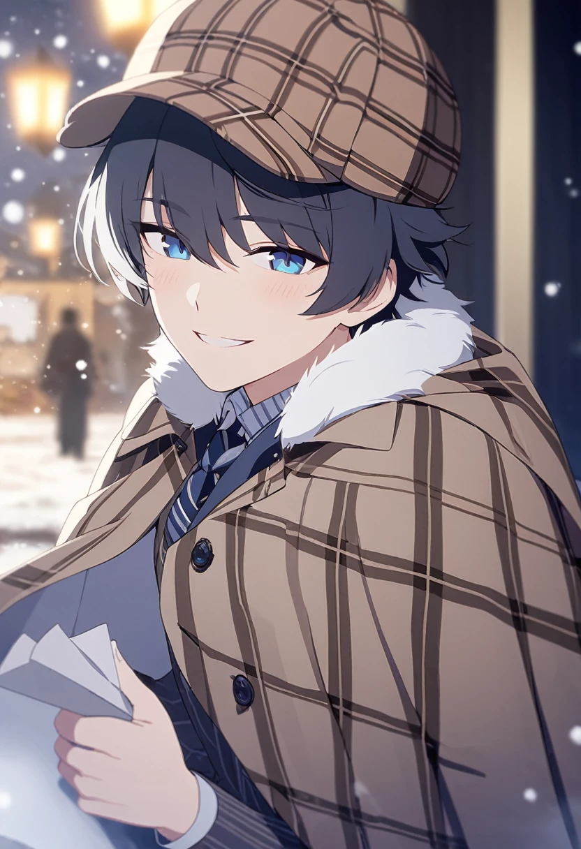 masterpiece,best quality,depth of field,8k,뷰어를 Overlooking,man,dark gray hair,blue eyes,(charismatic eyes 1:1),chic,black hair,Blue Eyes,wrote deerstalker,Light brown striped frock coat with cape,male,Overlooking,Short hair,alone,smiling,Cloak with fur on the shoulders,There is snow in the background,snowing,light blush