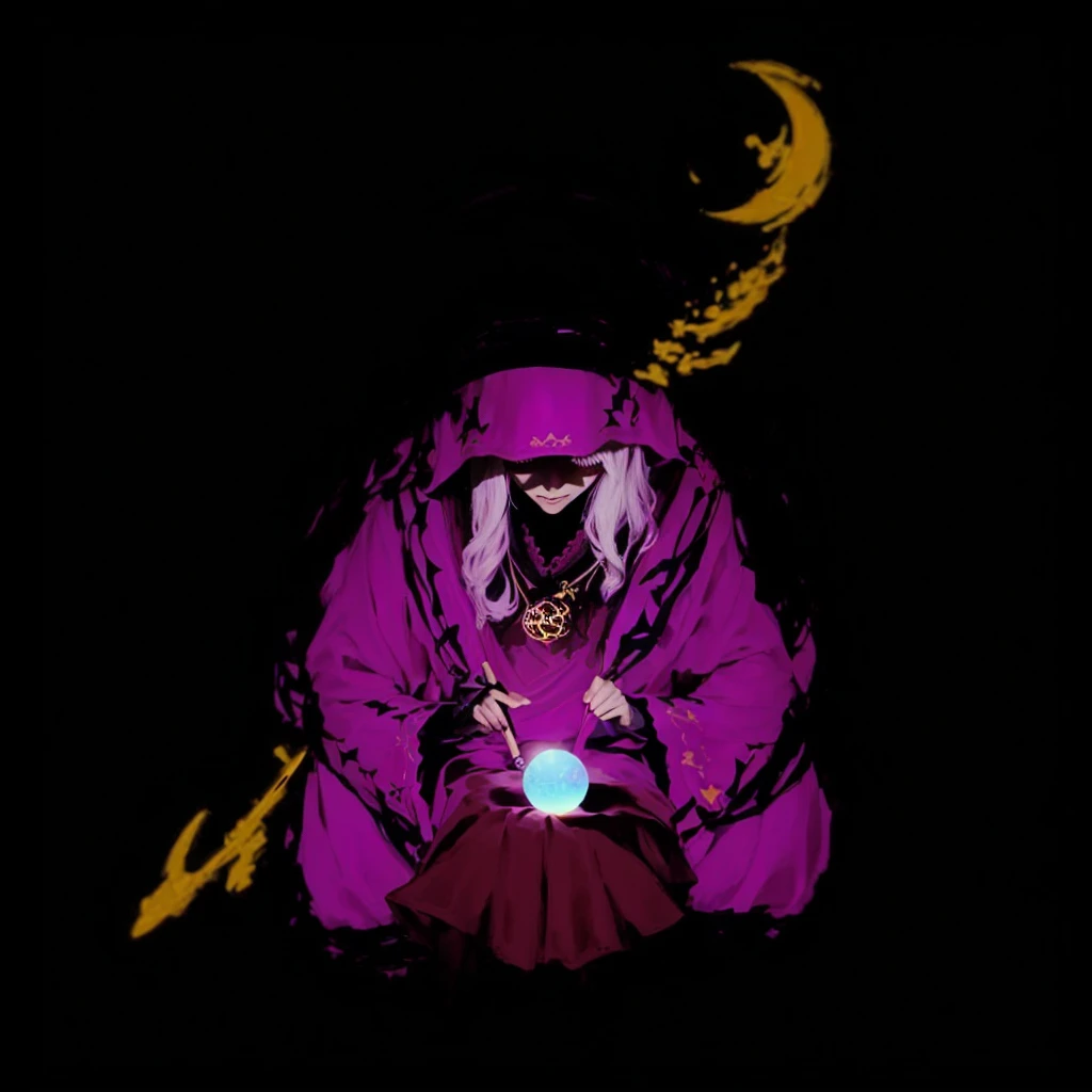 A table covered with a dark red velvet cloth,Old woman fortune telling with crystal ball, Carrying a yellow walking stick。astrologer、An illustration、Detailed details、Fantasy、Illustrations