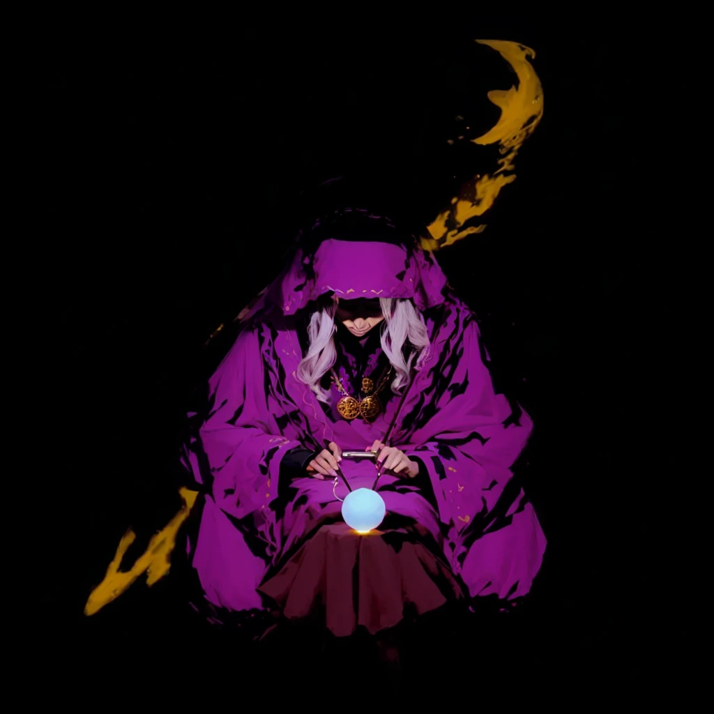 A table covered with a dark red velvet cloth,Old woman fortune telling with crystal ball, Carrying a yellow walking stick。astrologer、An illustration、Detailed details、Fantasy、Illustrations