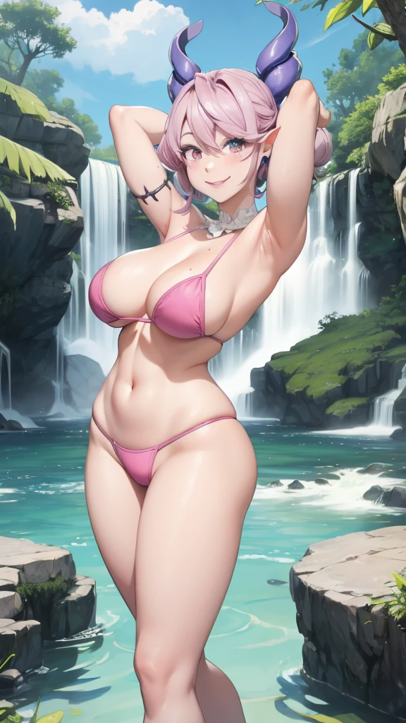 Waterfalls High level image quality best image quality 8K adult woman background a lake in the middle of jungle outside more colors whole body view portrait wearing deep pink bikini pink horn ears short hair((shortcut)(gray hair)(perm)(fluffy)) eye color is blue , , attractive evil face , smile , sexy pose , labrynth , barearm , both arms over waist , wearing pink , crossed legs , sitting