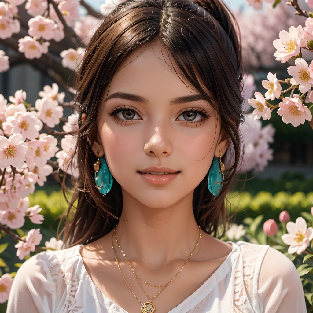 ultra-detailed, sitting under a blooming cherry blossom tree in a vibrant garden, surrounded by colorful flowers. She has radiant, expressive eyes, full of curiosity and innocence. Her lips are delicately curved into a gentle smile. Her hair are tied back with a ponytail and bangs. She wears a necklace, a bracelet, and dangling earrings. The sunlight filters through the branches, casting soft shadows on her face. The cherry blossoms create a dreamy atmosphere with their soft pink petals gently falling around her. The schoolgirl's uniform consists of a very short crop top, a pleated miniskirt, and white thigh-highs. The garden is filled with a variety of flowers, including roses, tulips, and daisies, in vibrant shades of pink, red, yellow, and purple. The scene is bathed in a warm, cinematic light, with a slight golden hue, giving it a romantic and nostalgic feel. The image quality is of the highest standard, with ultra-fine details visible in every aspect, from the delicate strands of hair to the intricate patterns on the schoolgirl's uniform. The colors are vivid and vibrant, with a perfect balance of saturation and contrast. The lighting creates a soft, enchanting glow, enhancing the allure of the scene. The overall composition exudes a sense of tranquility and beauty, inviting the viewer to immerse themselves in the serene moment.